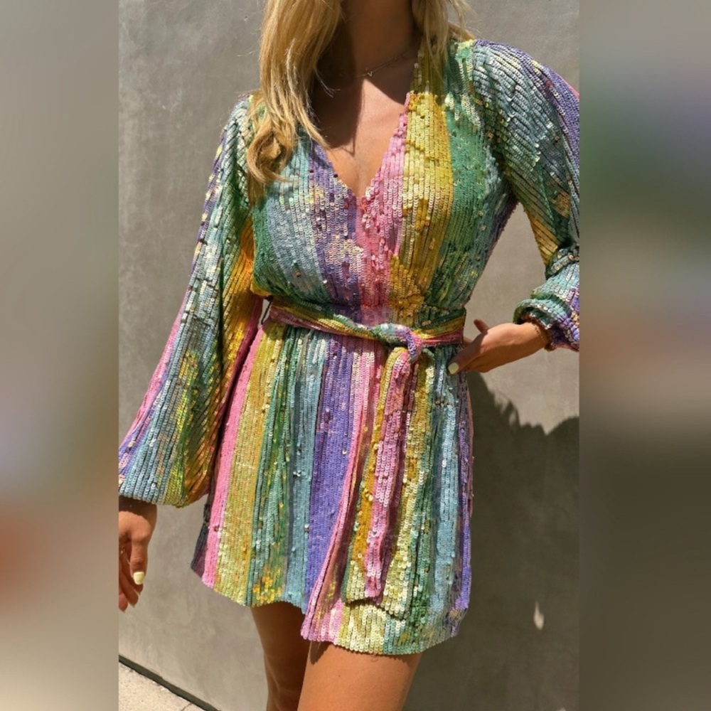 Show me your Mumu - Wear Me Out Dress ~ Rainbow Stripe Sequins SZ Large
